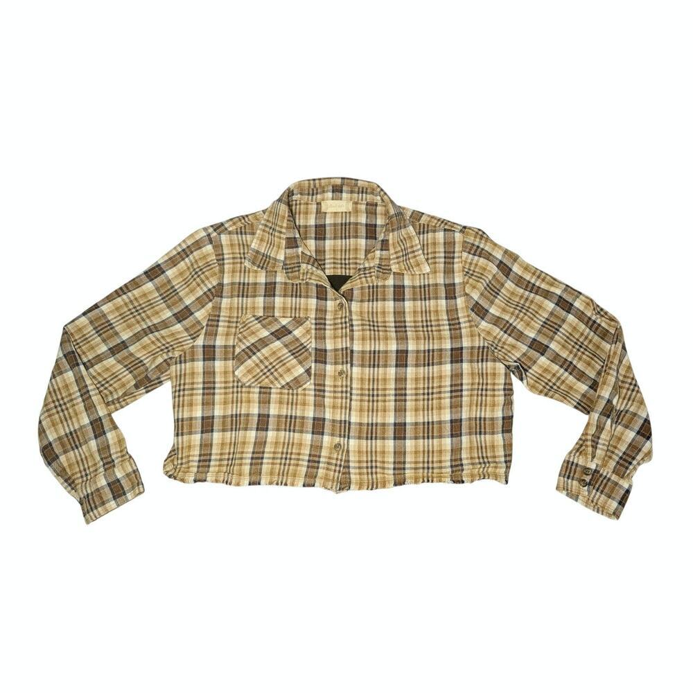 Altar'd State Nashville Graphic Cropped Plaid Flannel Shirt Brown Small Western - Picture 2 of 9